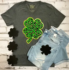 {GOOD LUCK} Large Leopard Shamrock Gray V-Neck Tee