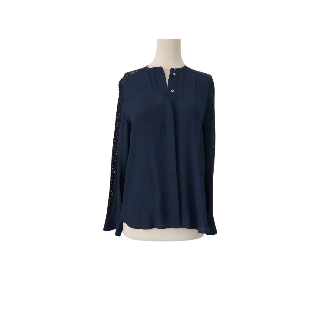 H&M Navy Lace-trim Button-down Top | Pre Loved |