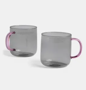 HAY Borosilicate Mug – Set of 2 – Light Grey with Pink Handle