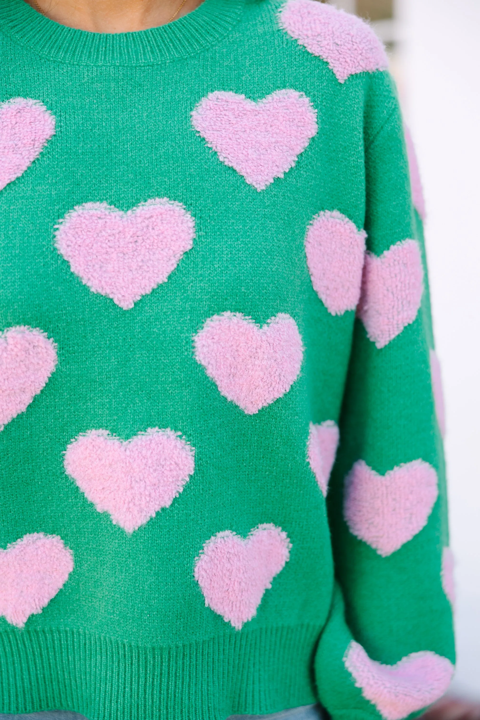 I'll Be there Green Fuzzy Heart Sweater