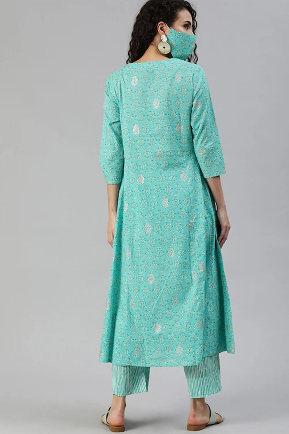 Ishin Women Turquoise Blue White Printed Sequinned A-line Kurta Set