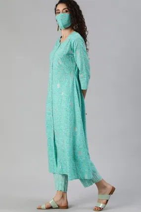 Ishin Women Turquoise Blue White Printed Sequinned A-line Kurta Set