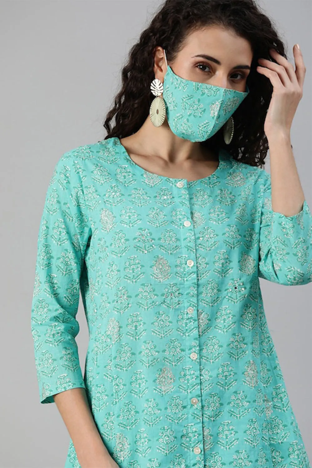 Ishin Women Turquoise Blue White Printed Sequinned A-line Kurta Set