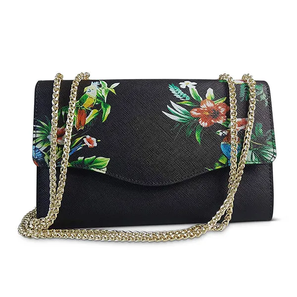 IVANHOE - Addison Road Black Leather Evening Clutch Bag with Tropical Print