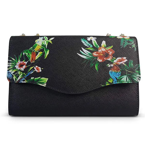 IVANHOE - Addison Road Black Leather Evening Clutch Bag with Tropical Print