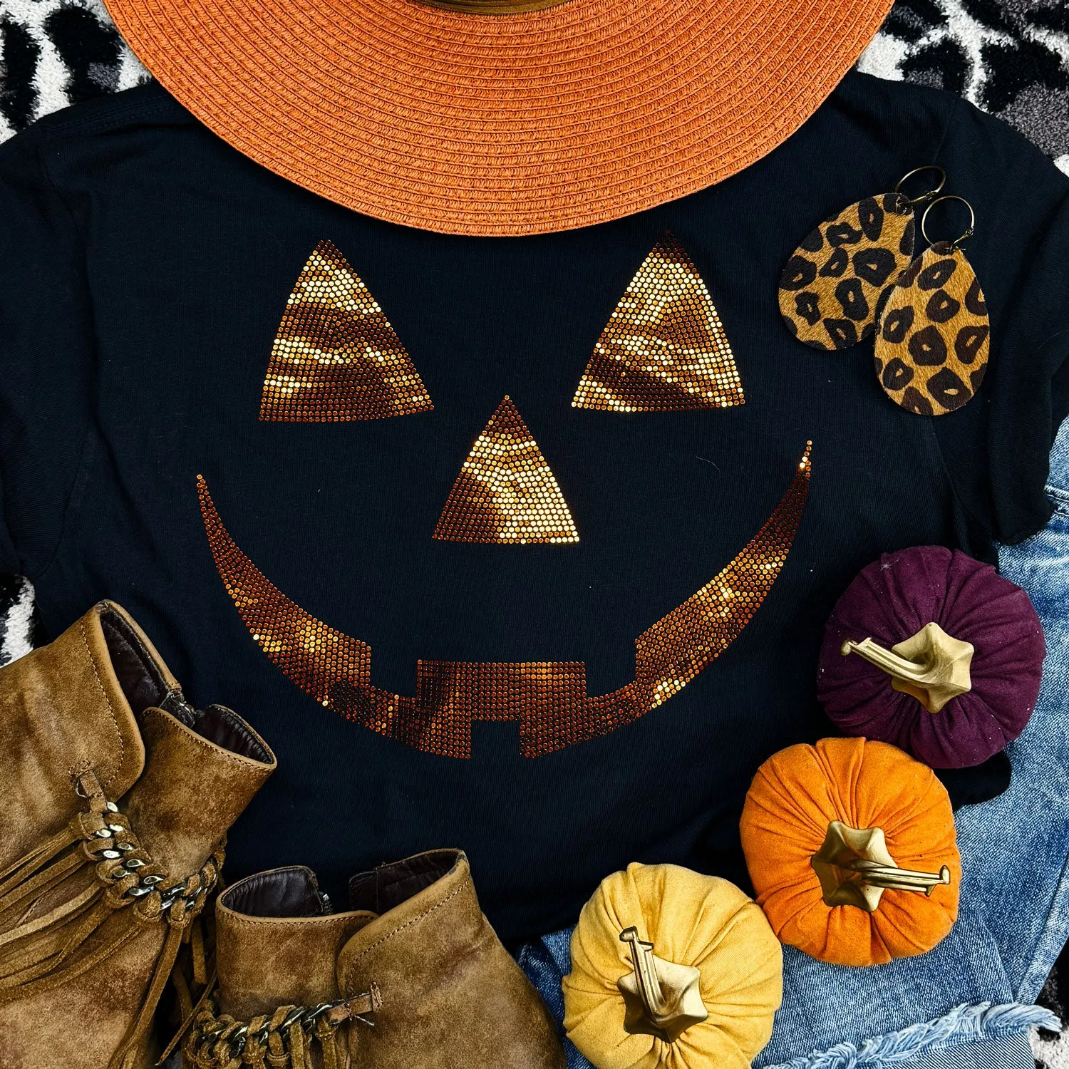 Jack O Lantern Orange Face Spangled Pigment Dyed Tee