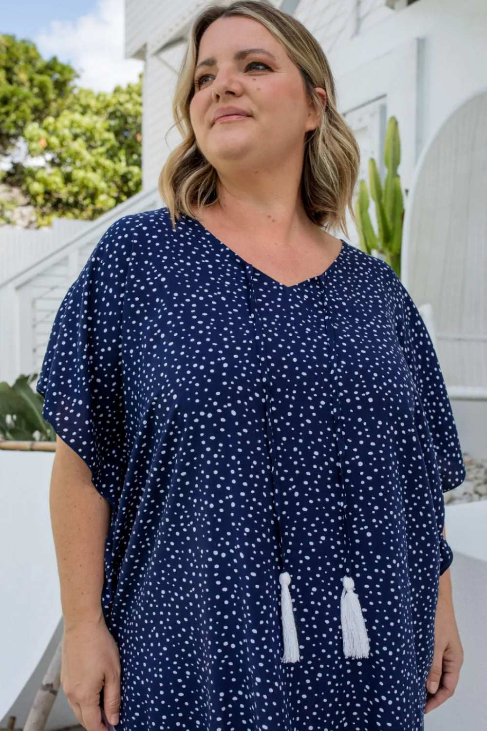 Kaftan Top - Navy Messy Polka