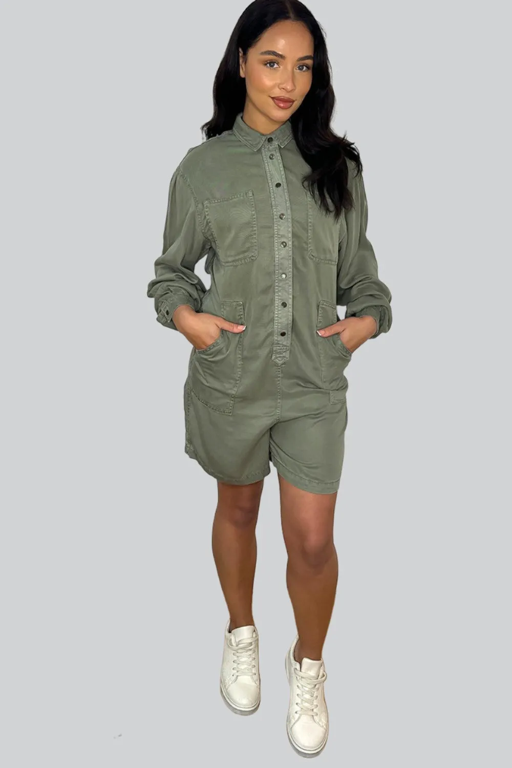 Khaki Button Down Denim Playsuit