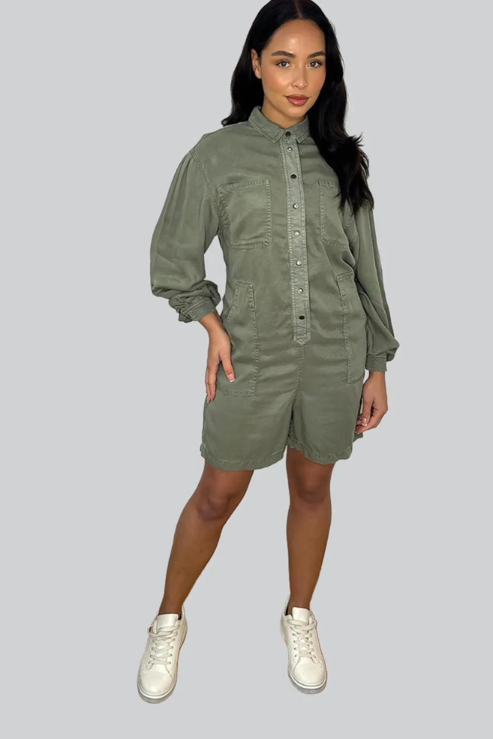 Khaki Button Down Denim Playsuit