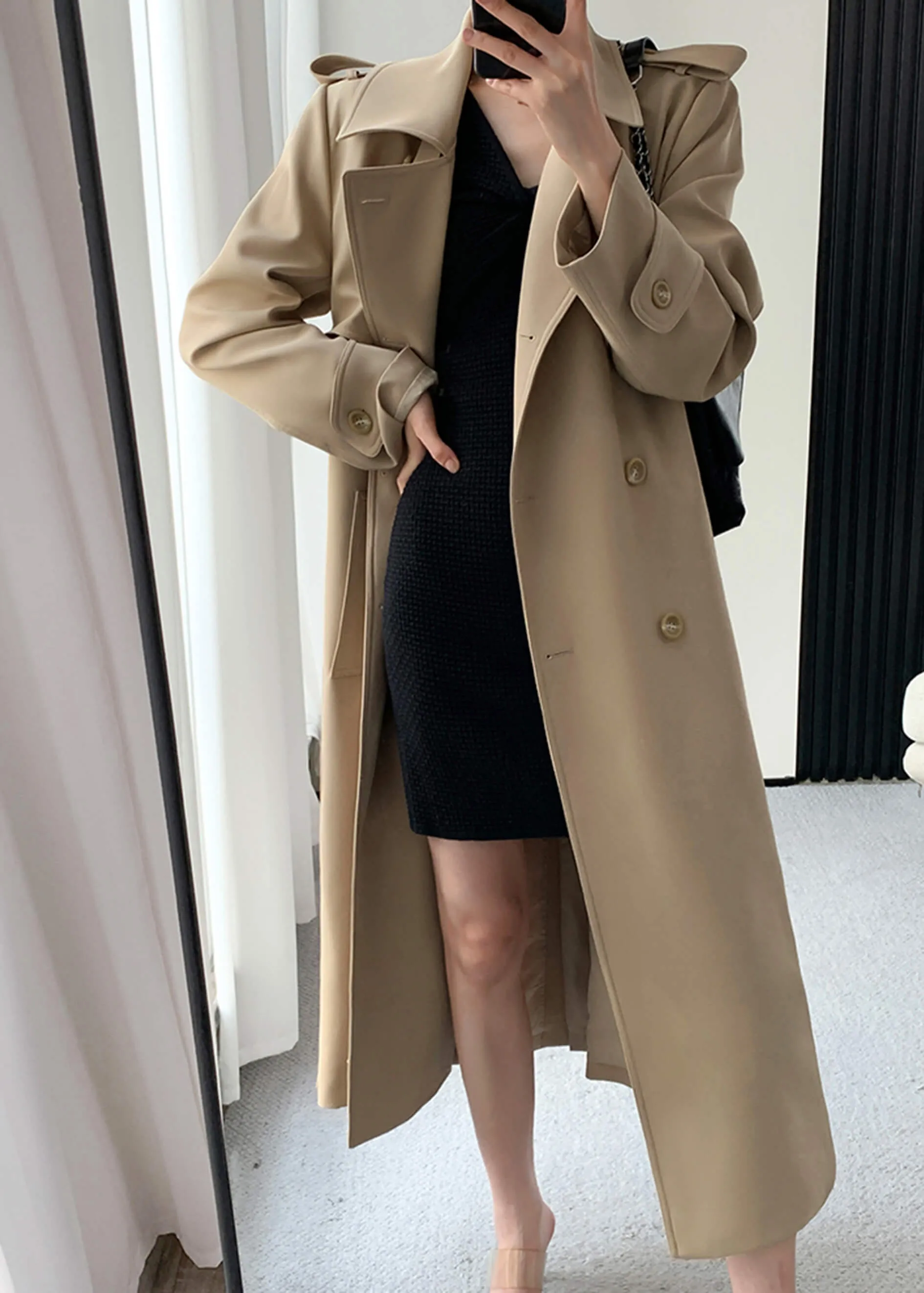 Khaki Long Trench Coat,Double Breasted Duster Coat