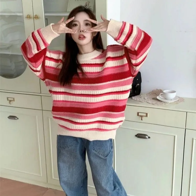 Knit Sweater With Stripes And O-Neck