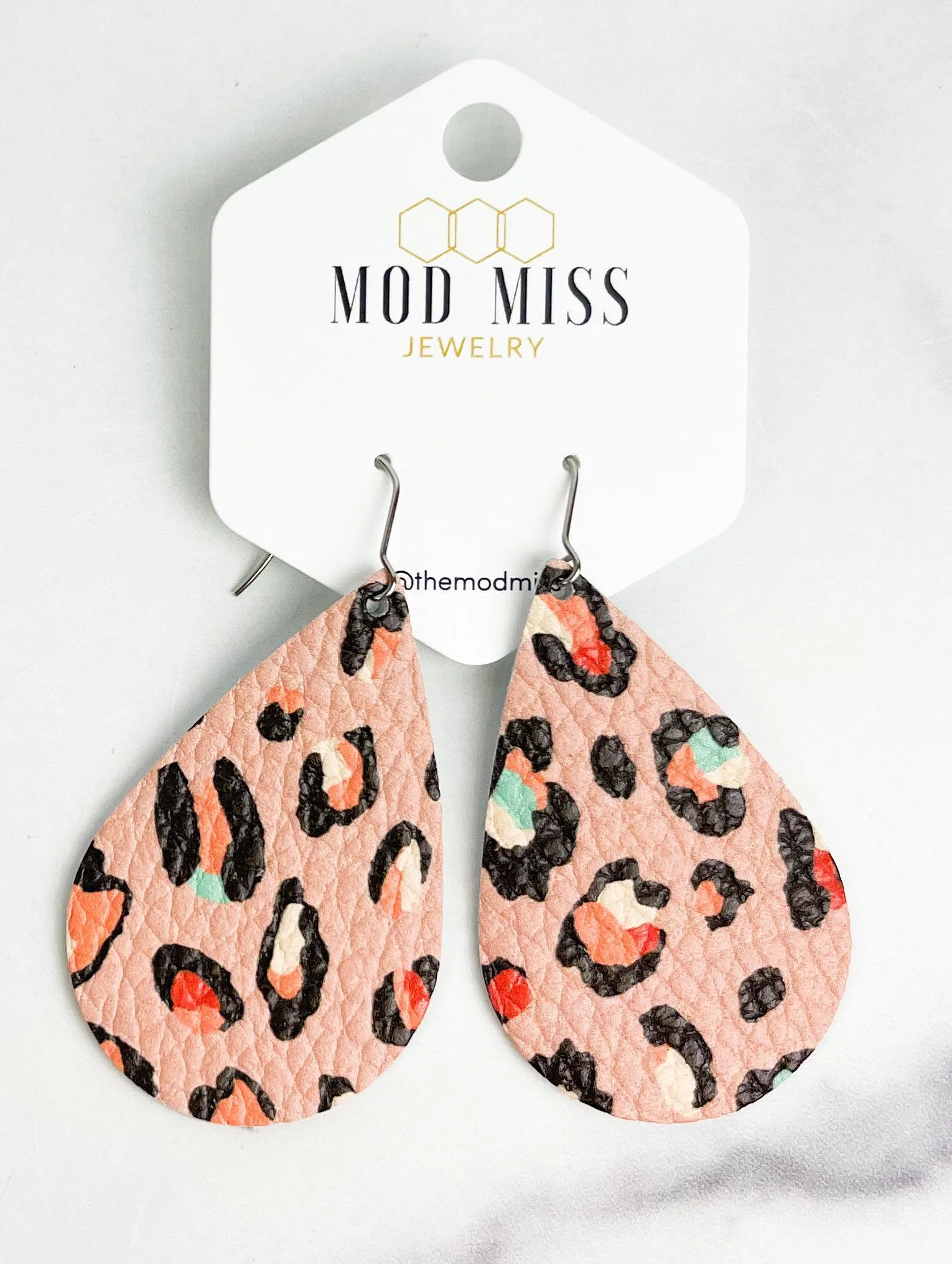 Leather Teardrop Earring Peachy Leopard