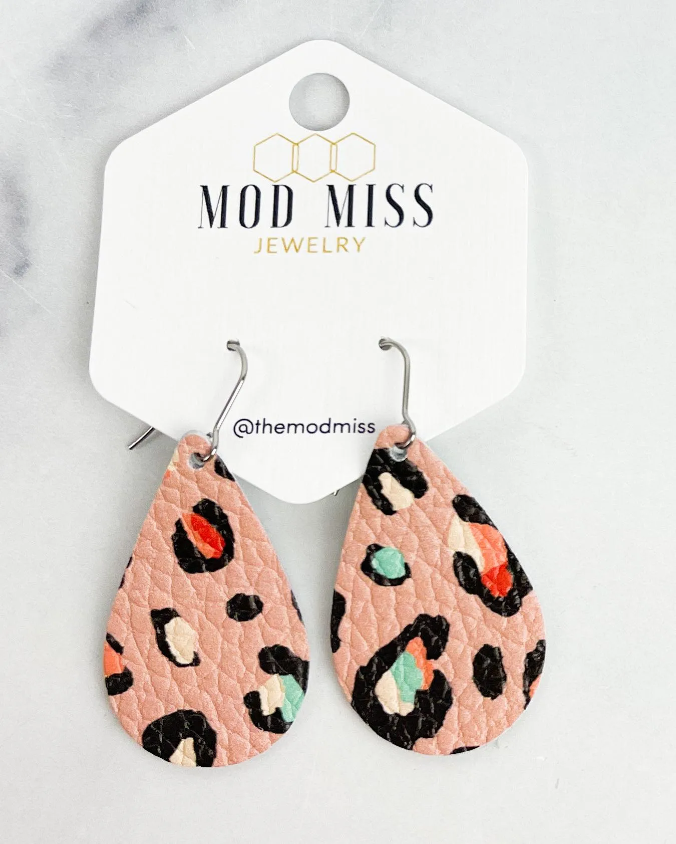 Leather Teardrop Earring Peachy Leopard