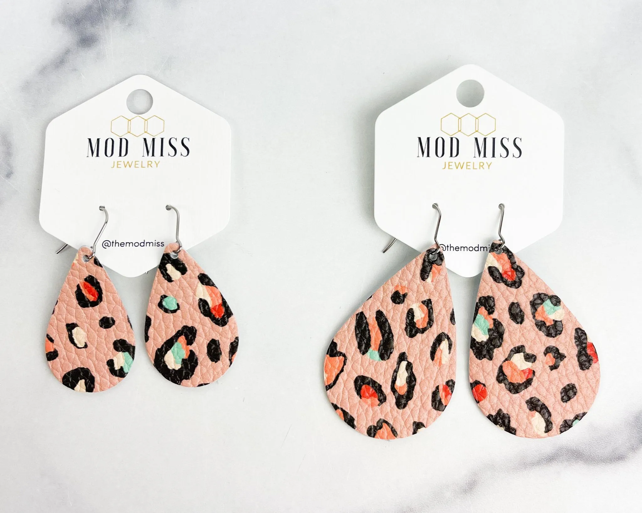 Leather Teardrop Earring Peachy Leopard