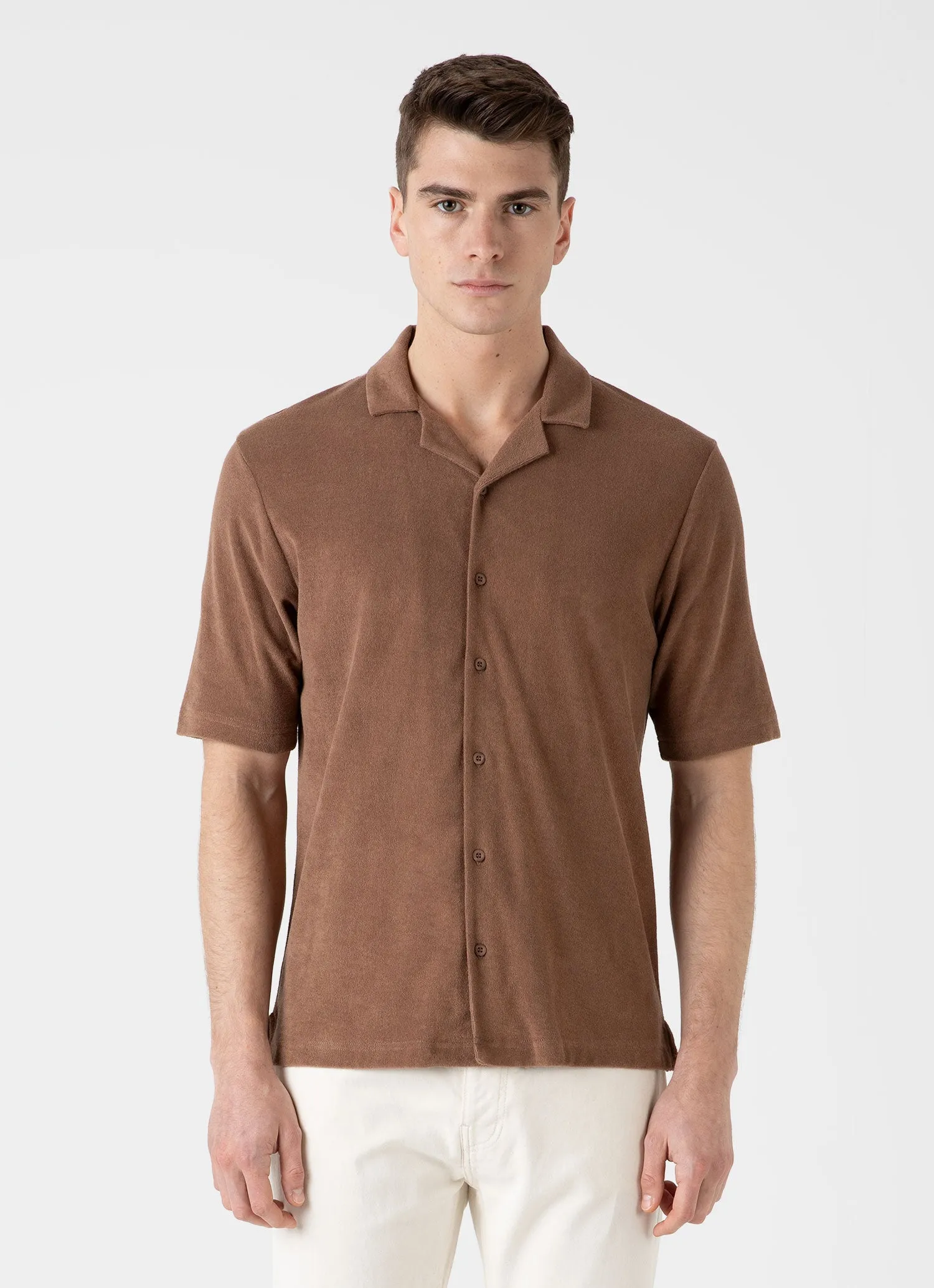 Men's Towelling Camp Collar Shirt in Dark Sand