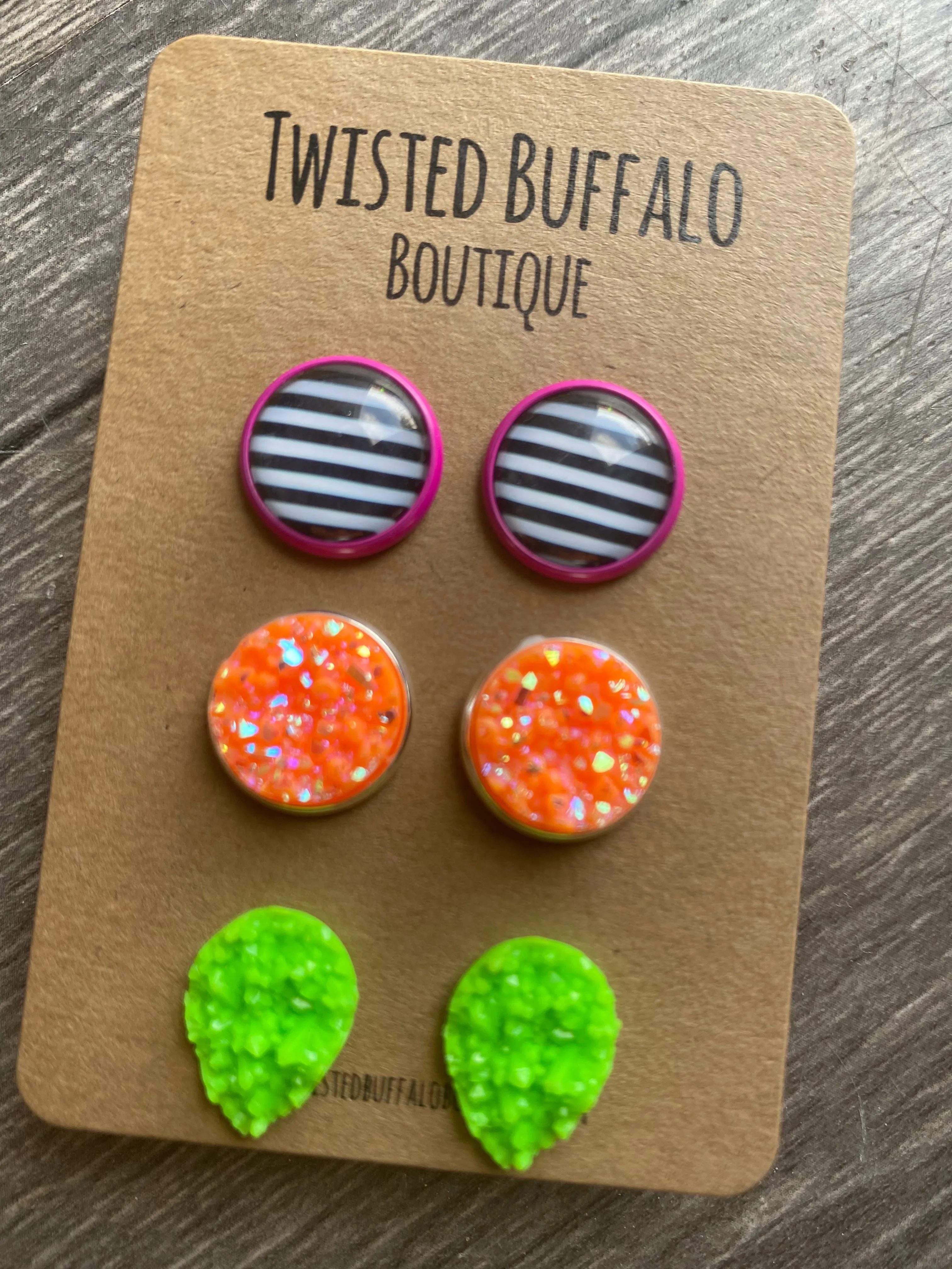 Miami {ROUND} Pink Stripes, Neon Orange   Lime Green Druzy 12mm Earrings Set