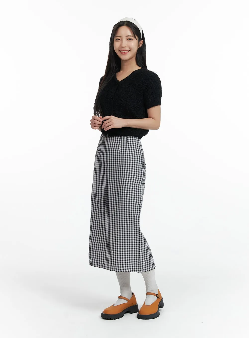 Mid Waist Checkered Maxi Skirt OF416