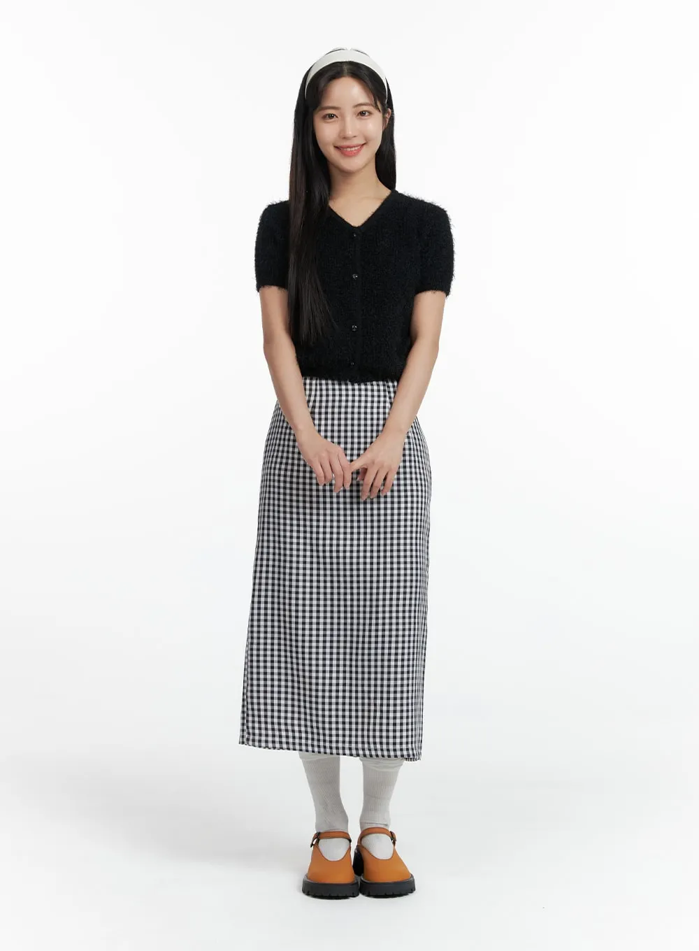 Mid Waist Checkered Maxi Skirt OF416