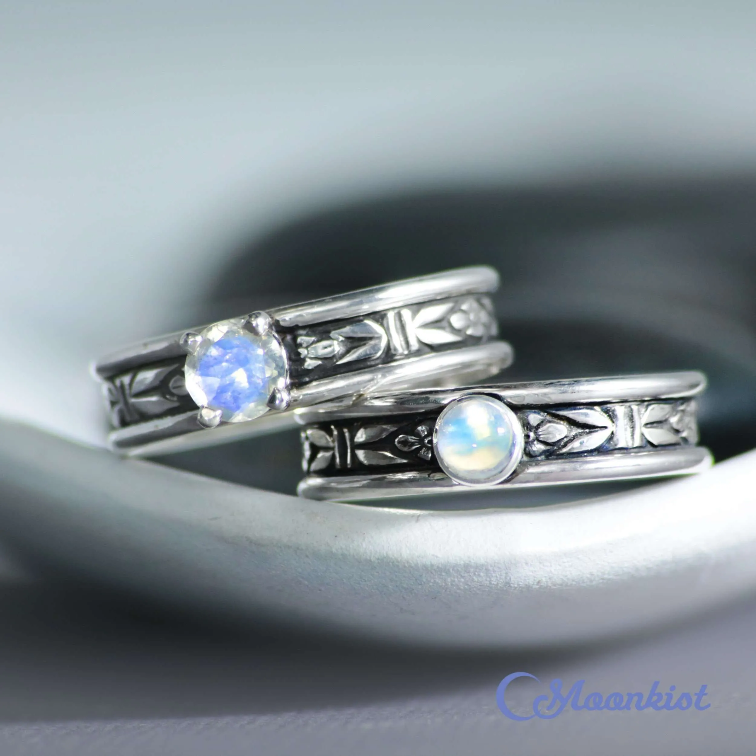 Moonstone Forget Me Not Silver Couples Rings | Moonkist Designs