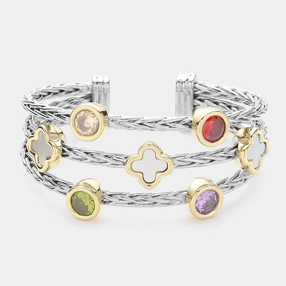 Multi Colorful CZ Bezel Quatrefoil Pointed Split Cuff Bracelet