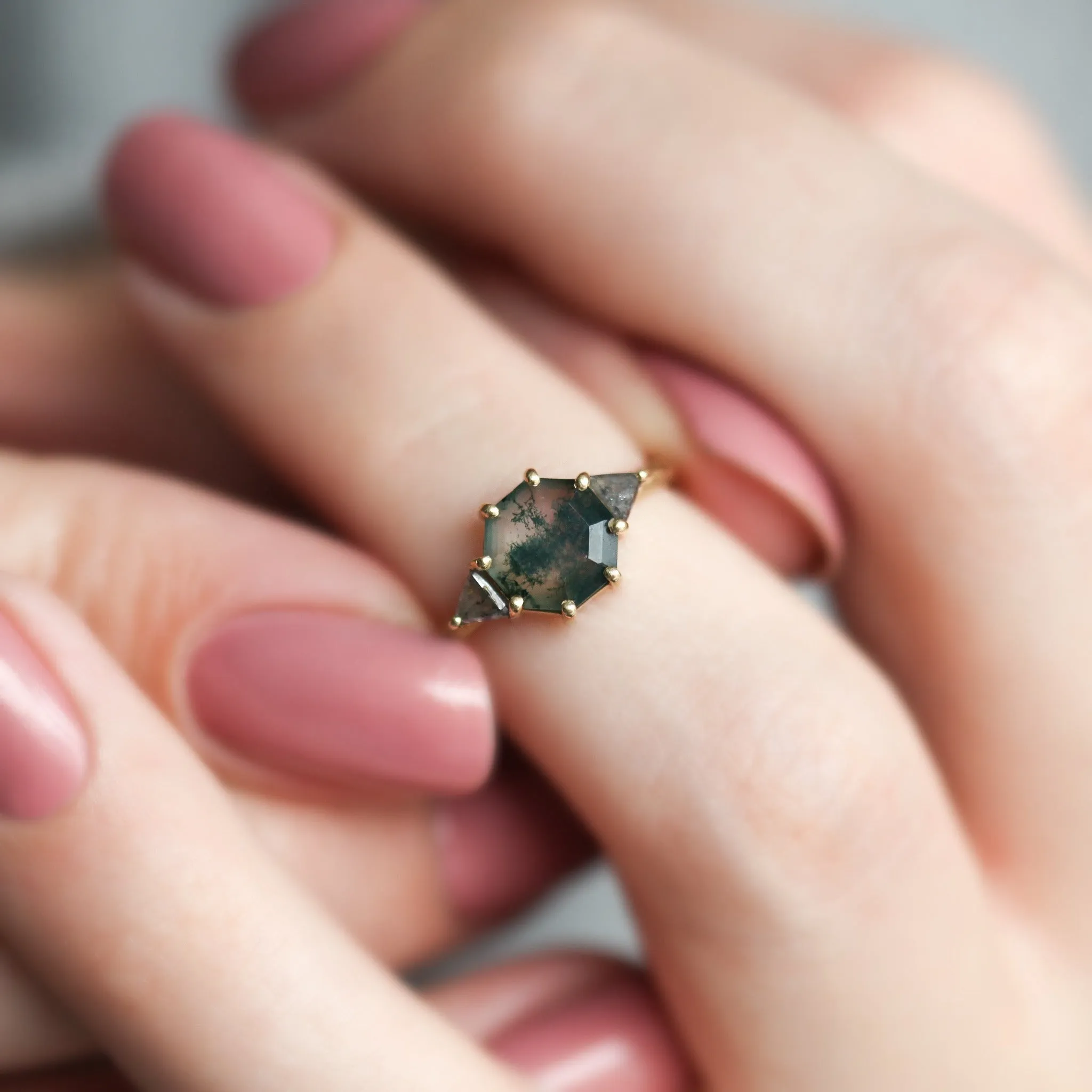 Octagon Moss Agate Ring With Salt Pepper Accent Diamonds