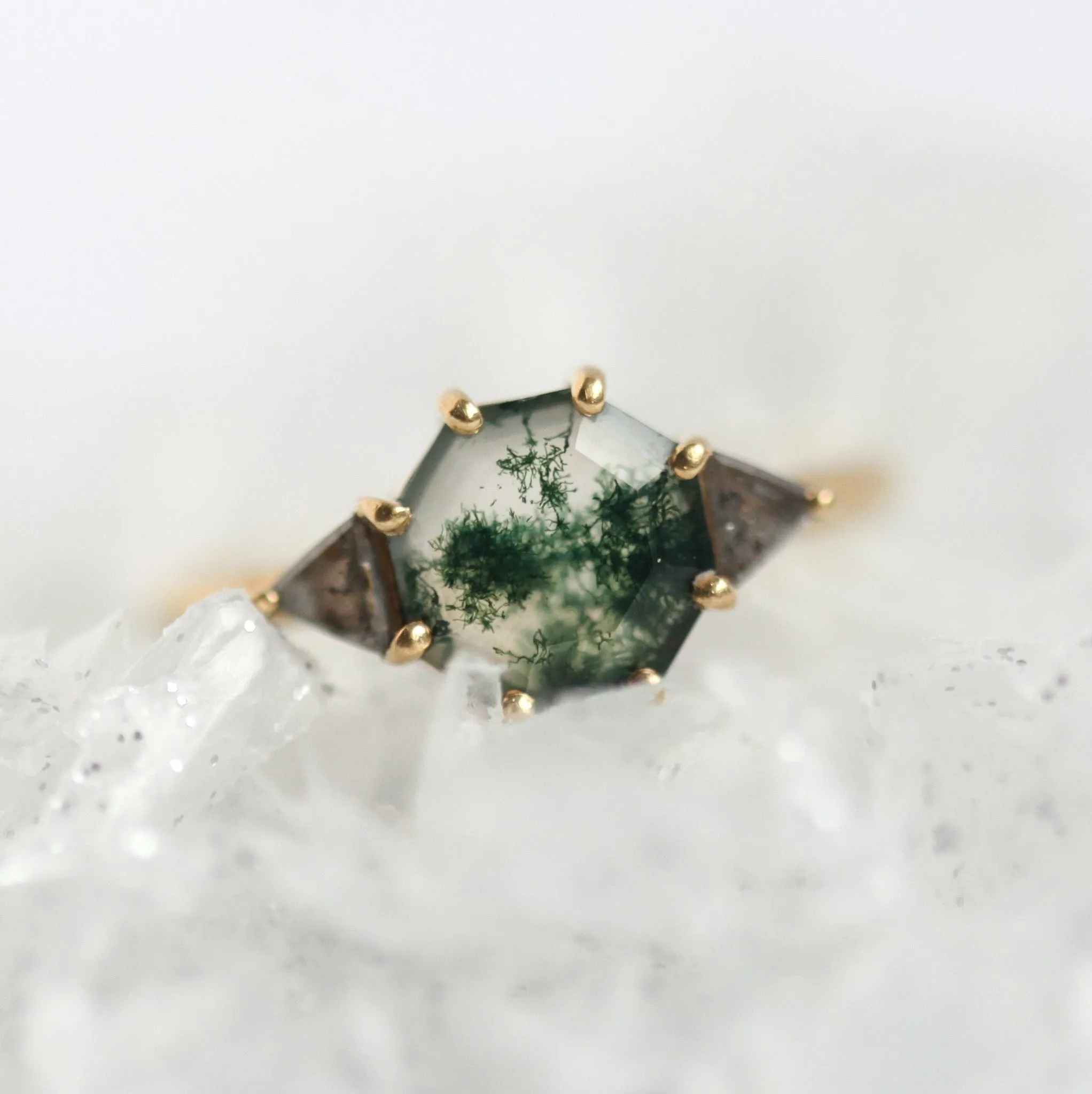 Octagon Moss Agate Ring With Salt Pepper Accent Diamonds