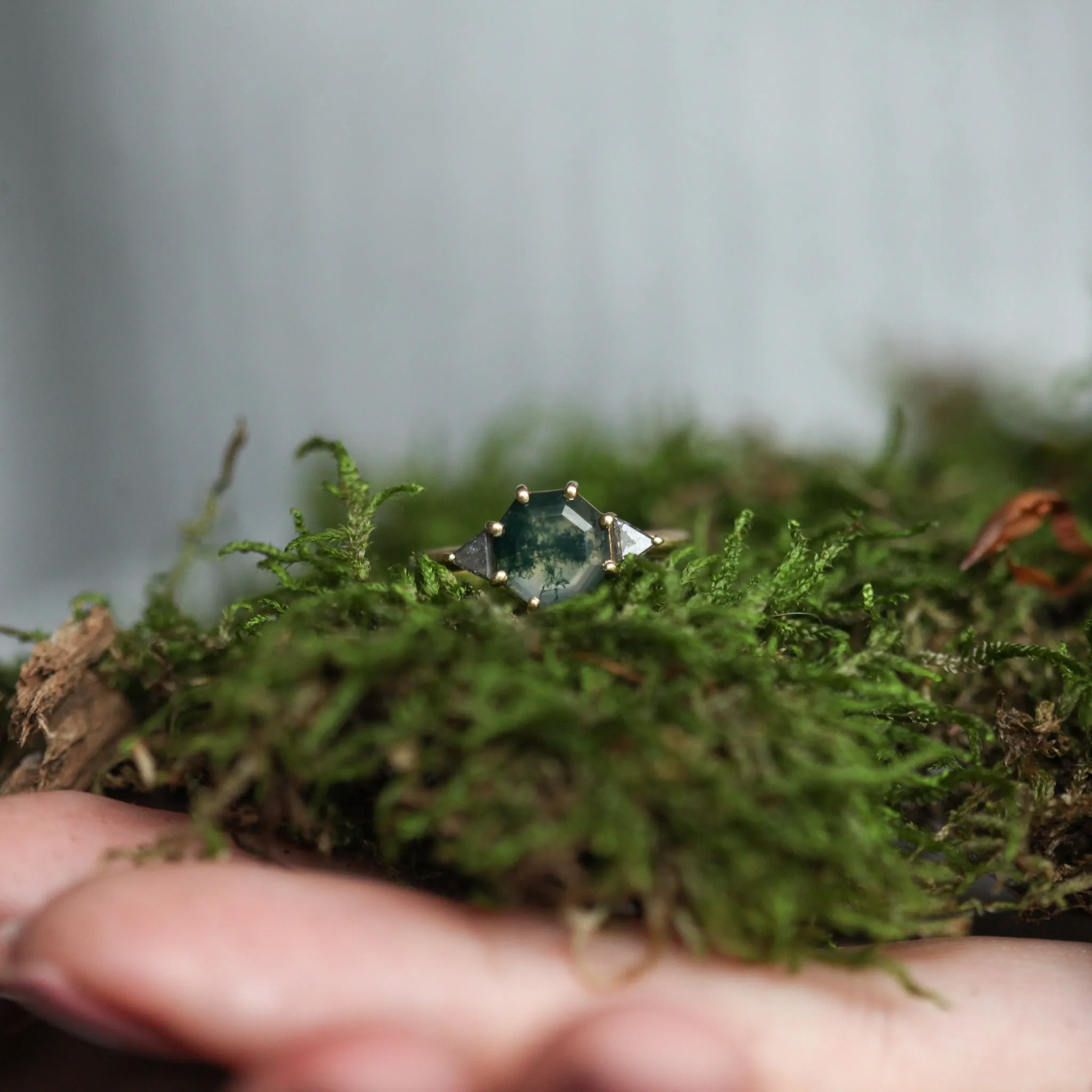 Octagon Moss Agate Ring With Salt Pepper Accent Diamonds