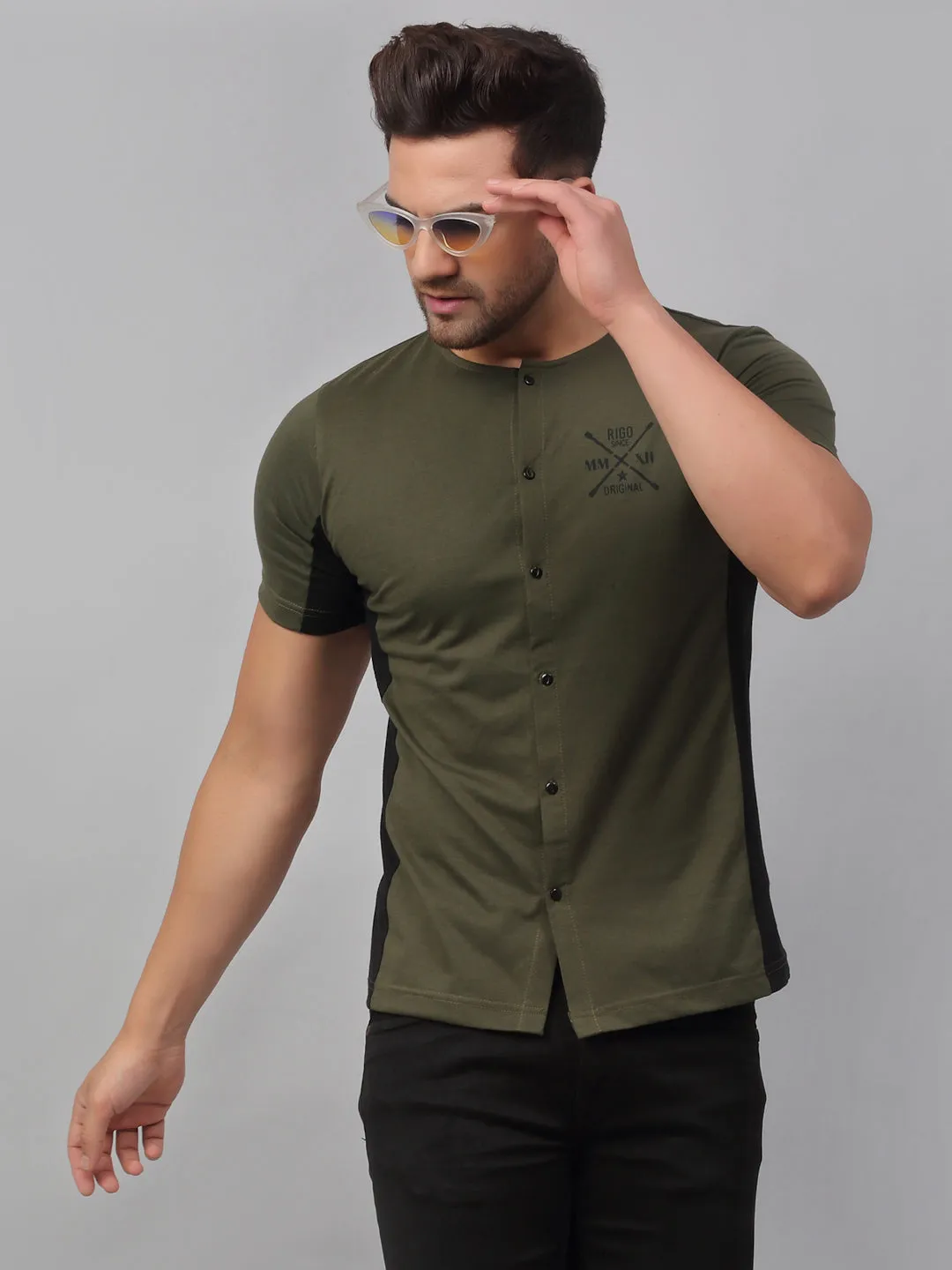 Olive Green Black Cut & Sew Half Sleeve Knitted Shirt