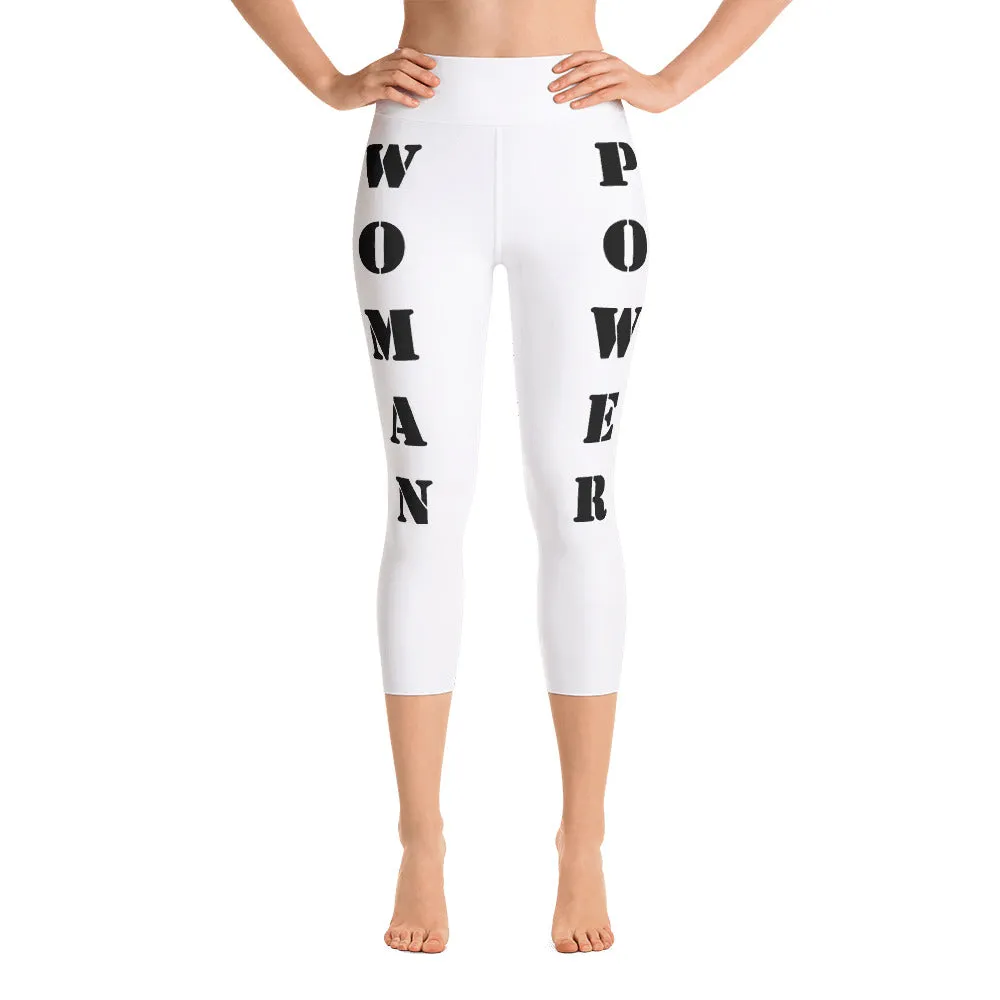 Our best viral yoga capri leggings with woman power - White Color with Black Letters