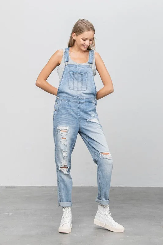 Patch Pocket Ripped Denim Overalls