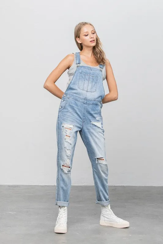 Patch Pocket Ripped Denim Overalls