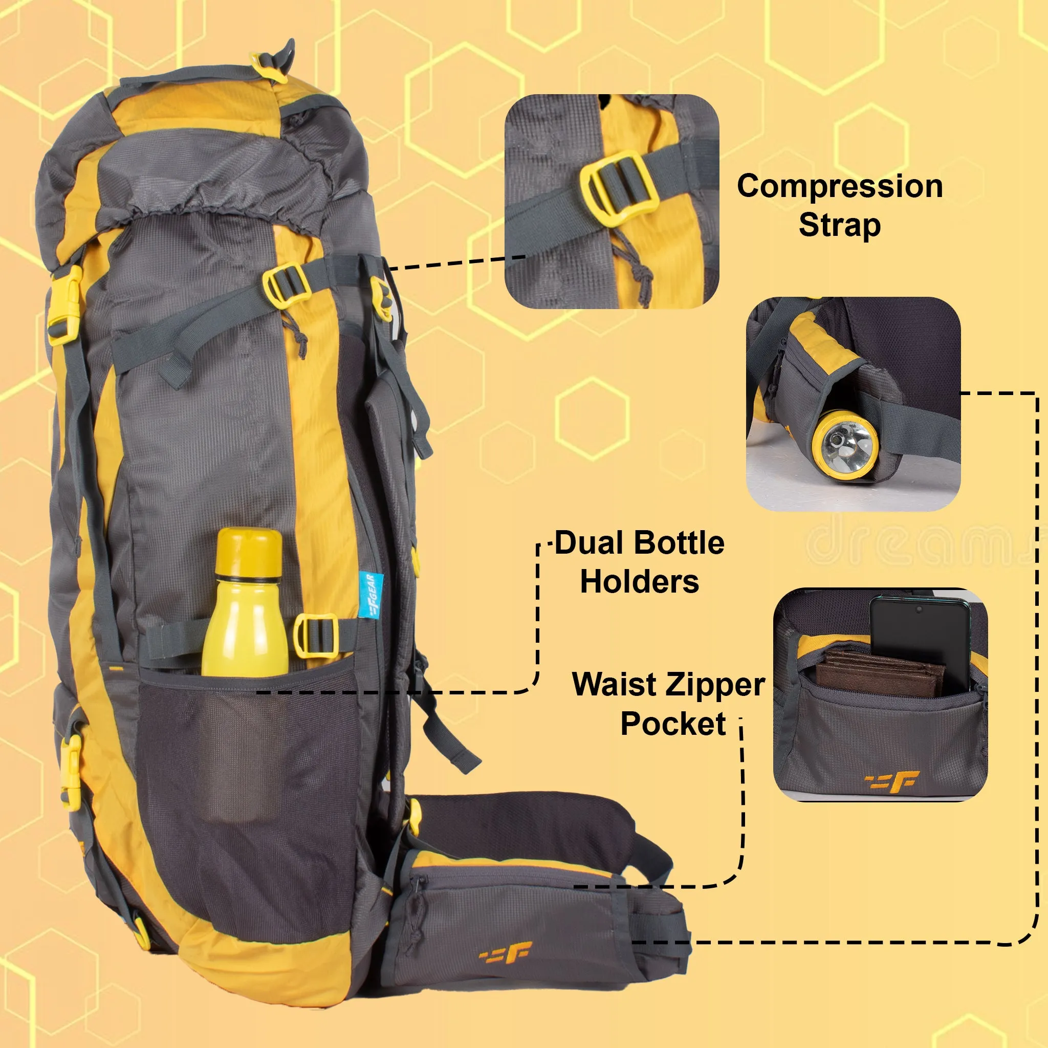 Penny 75L Yellow Gry Rucksack with Rain Cover