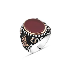 Plain Red Agate Stone Ellipse Silver Men's Ring Siding Ottoman Tughra and Zircon Stones