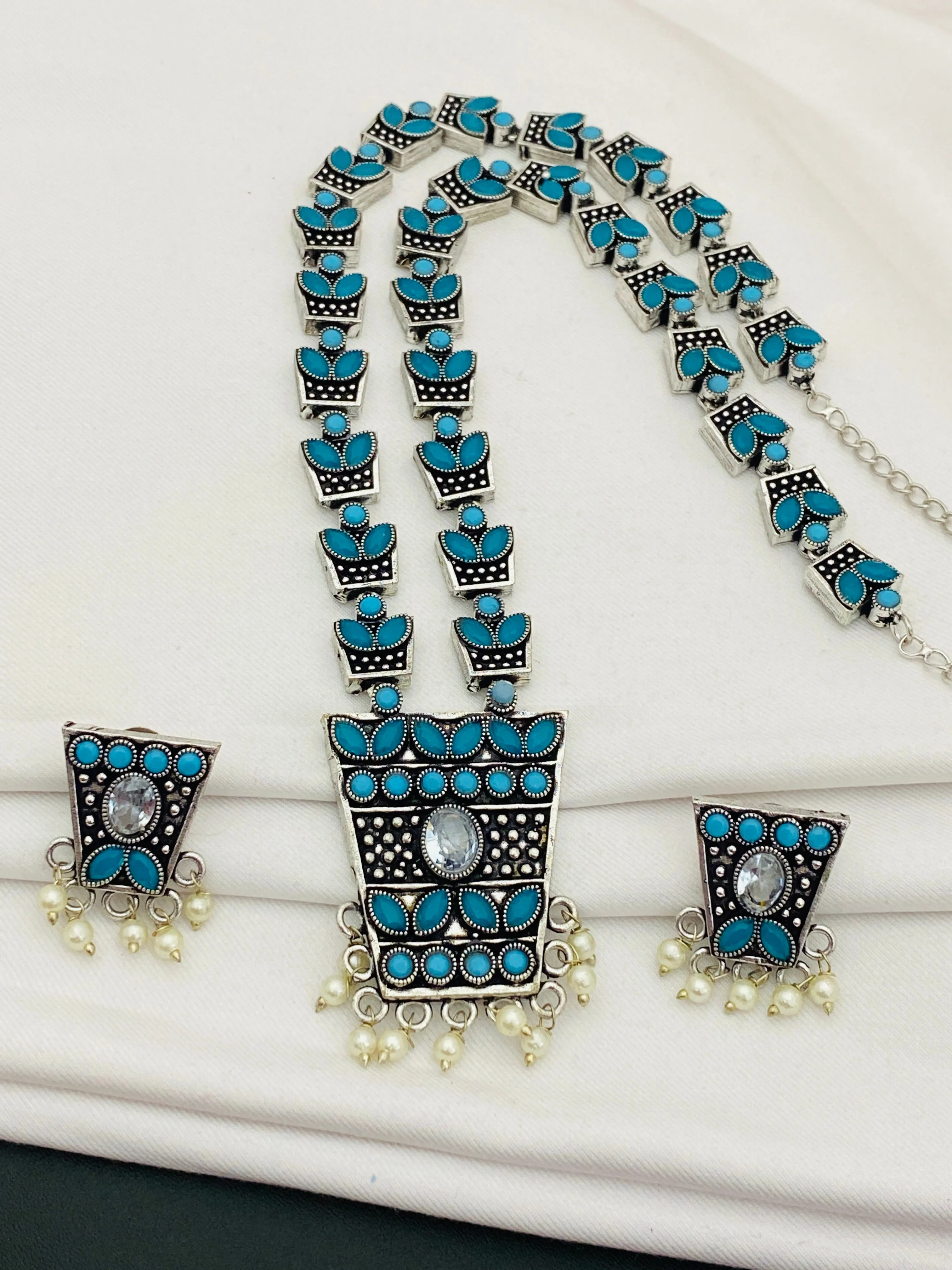 Pretty Sky Blue Stoned Traditional Long Oxidized Necklace With Stud Earrings