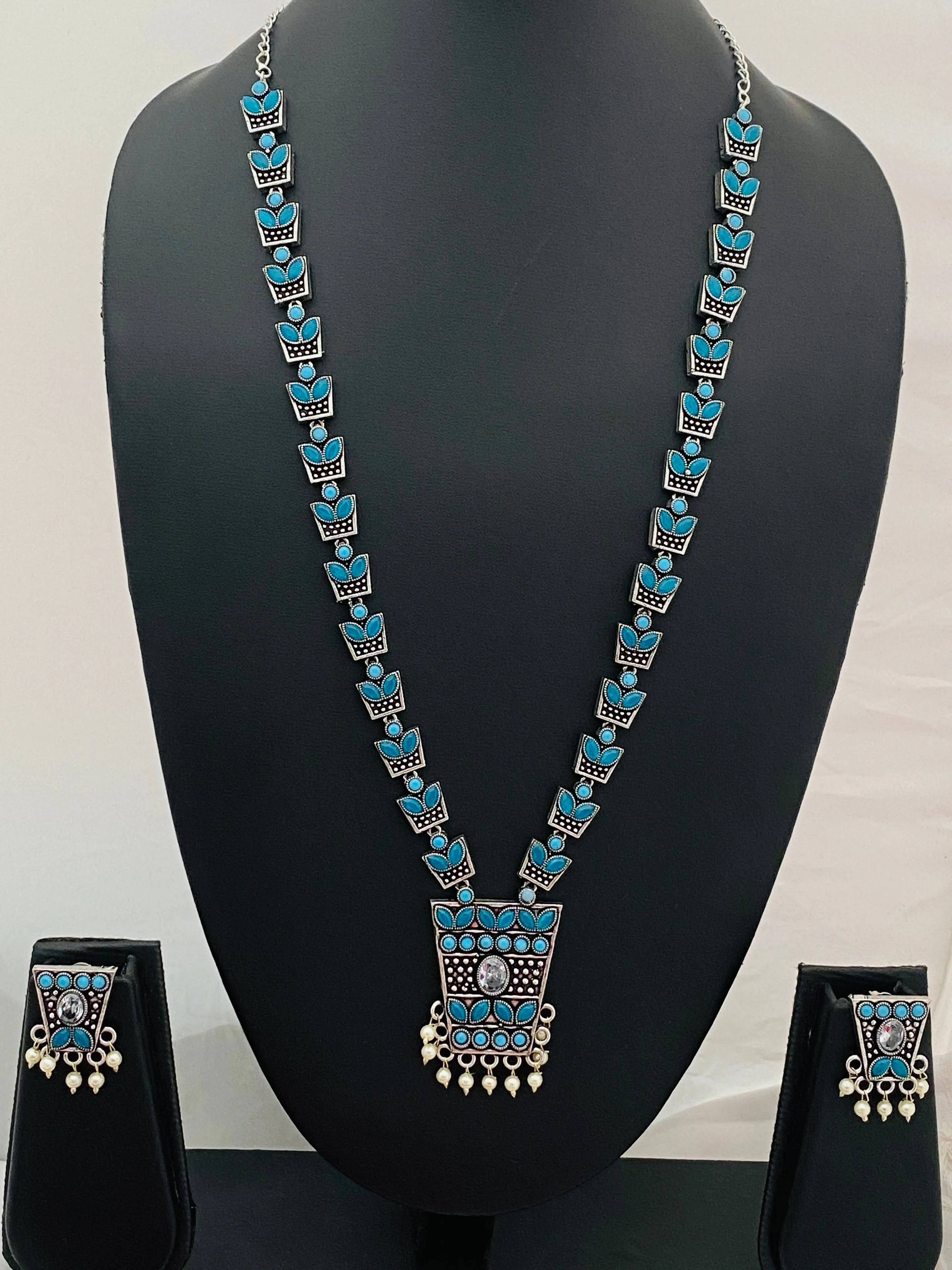 Pretty Sky Blue Stoned Traditional Long Oxidized Necklace With Stud Earrings