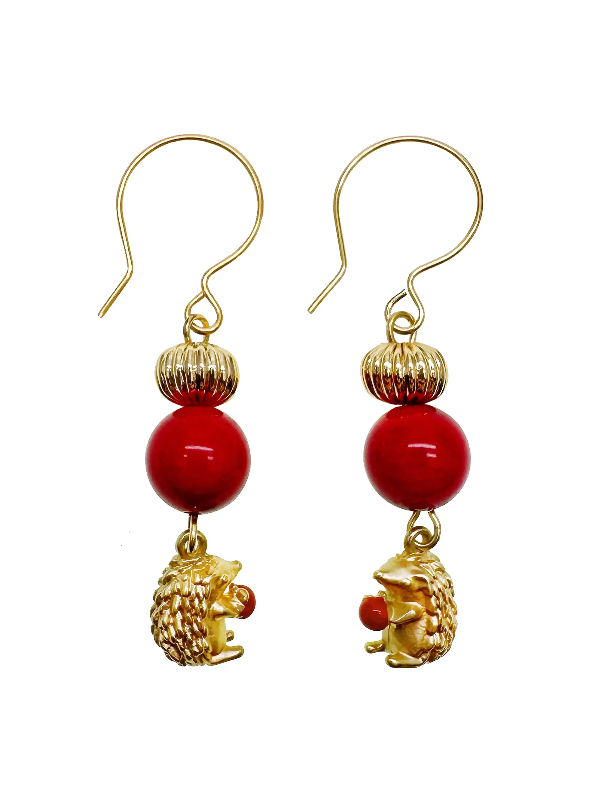 Red Bamboo With Hedgehog Dangle Earrings KE030