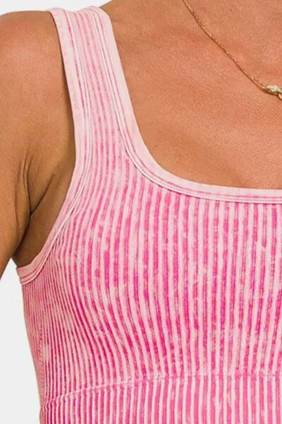 Ribbed Square Neck Wide Strap Tank in Ash Pink