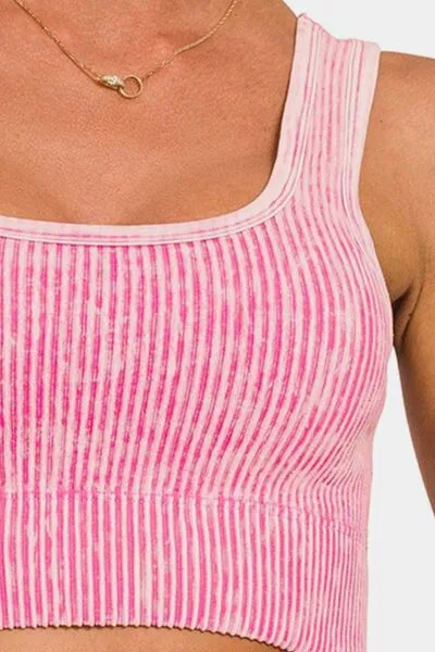 Ribbed Square Neck Wide Strap Tank in Ash Pink