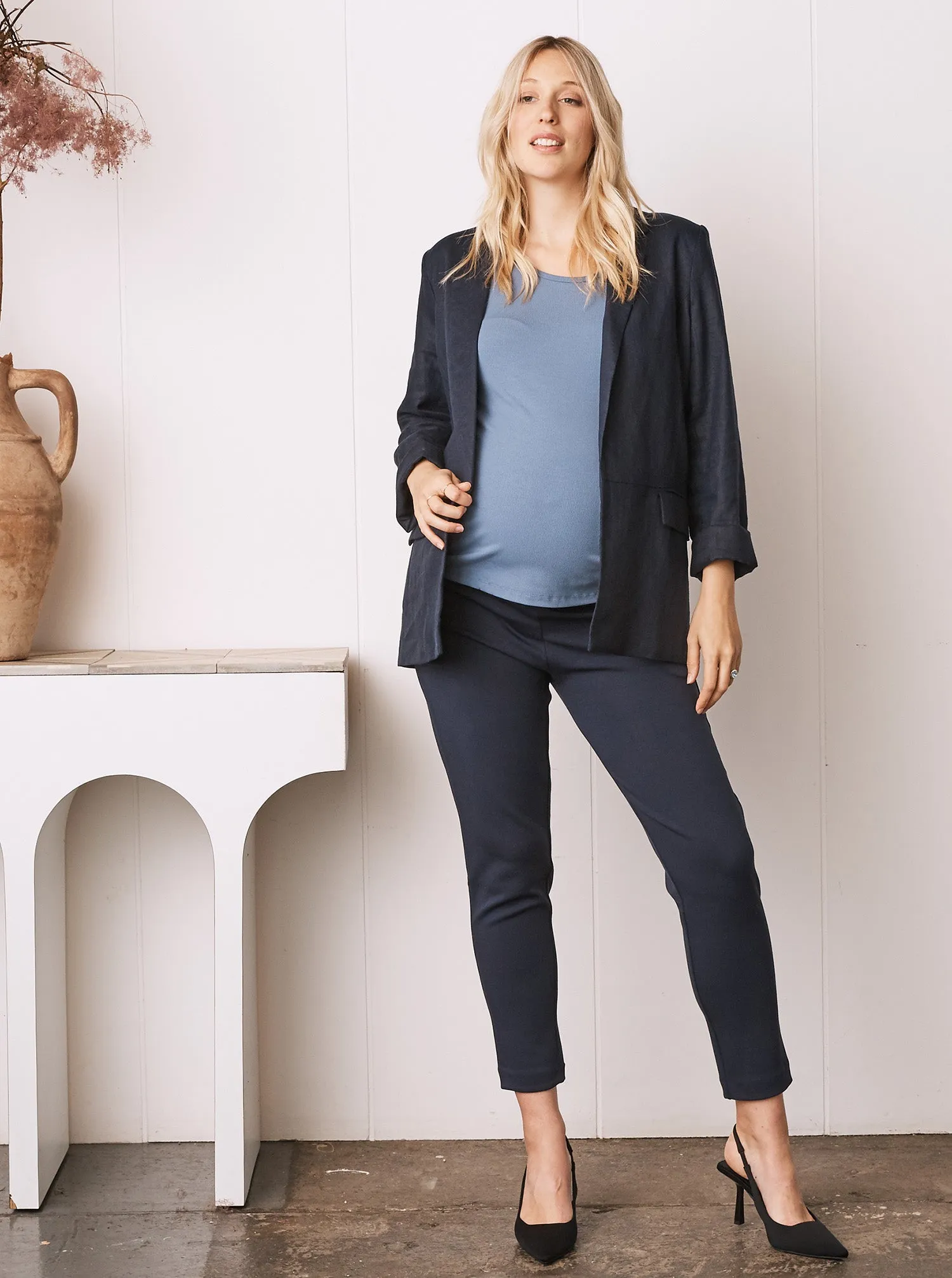 Sadie Maternity Linen Blazer Jacket in Navy