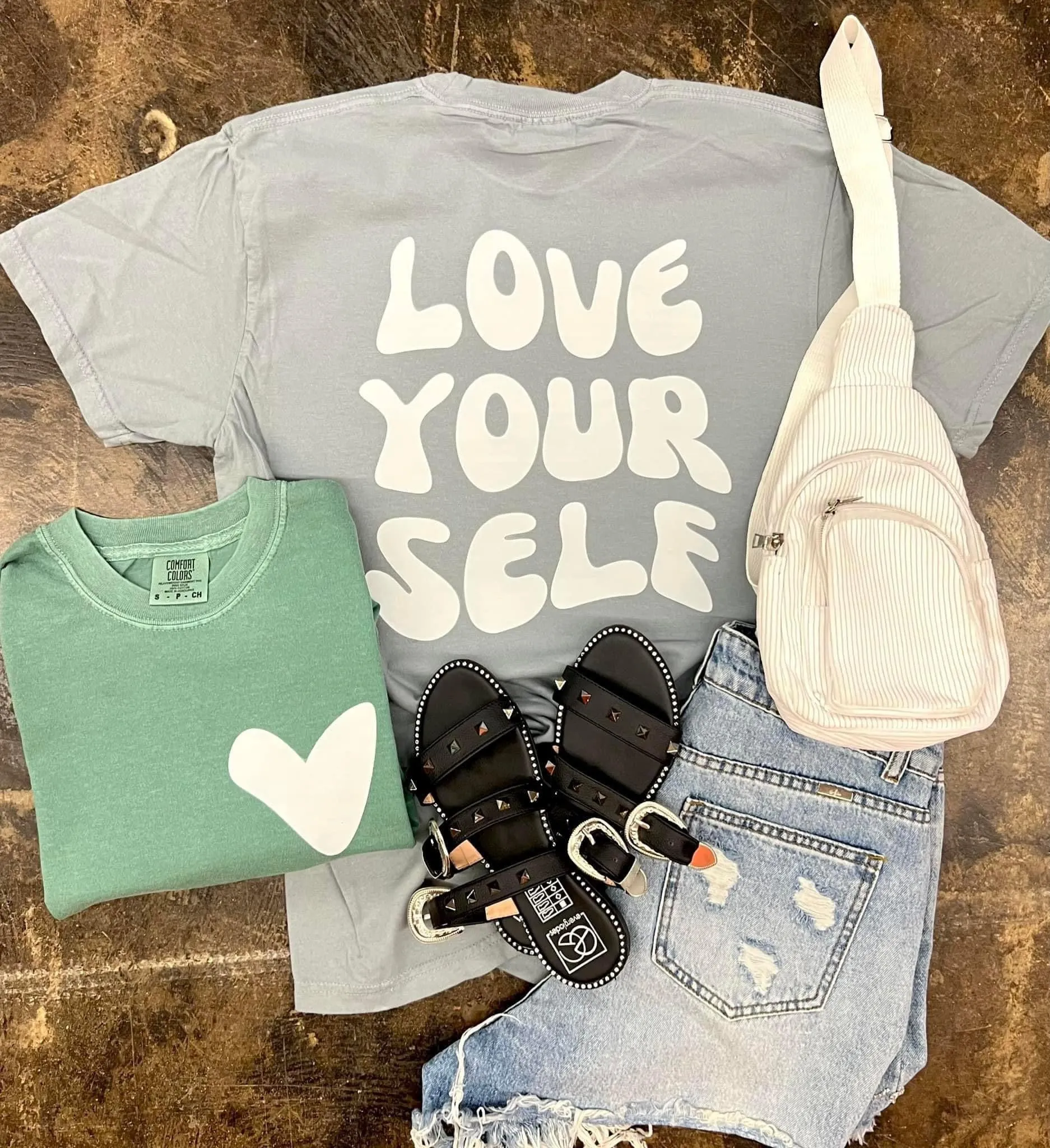 Sage Green or Gray {LOVE YOURSELF} Front   Back  Crew Neck Tee