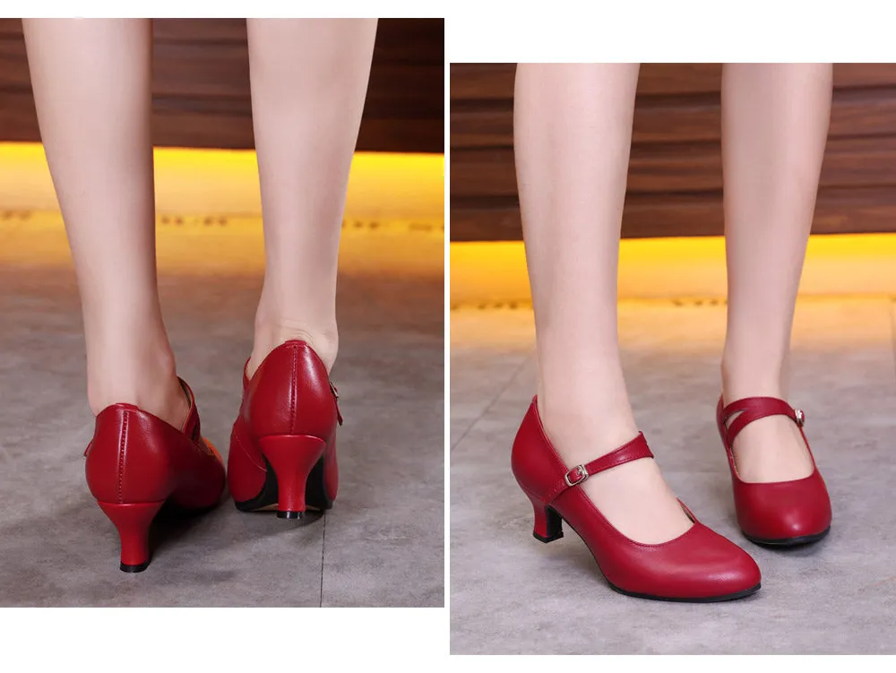 Selena Ladies Genuine Leather Character Dance Shoes with Split Strap and Rubber Sole.  Available in Black, Red and Silver