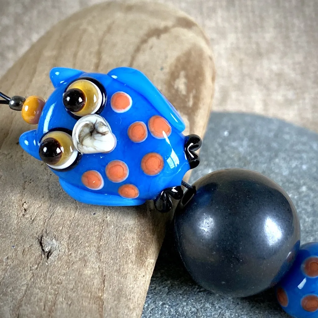 Shungite Owl Clip-on, Blue & Orange, Artisan Lampwork Glass Bead