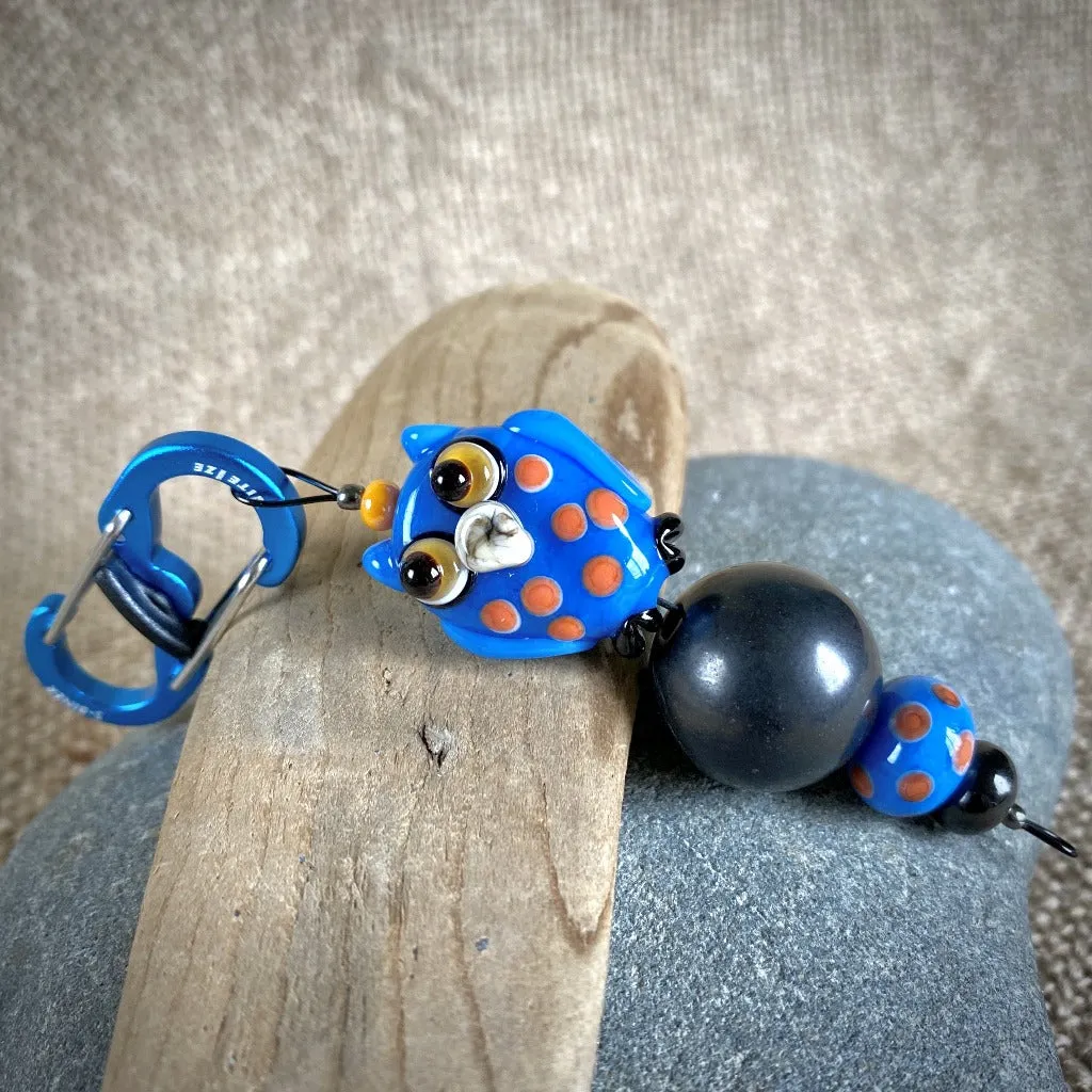 Shungite Owl Clip-on, Blue & Orange, Artisan Lampwork Glass Bead