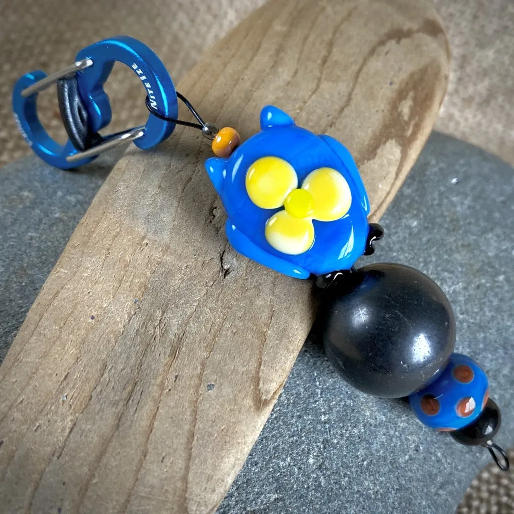 Shungite Owl Clip-on, Blue & Orange, Artisan Lampwork Glass Bead