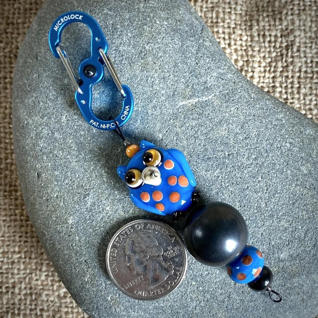 Shungite Owl Clip-on, Blue & Orange, Artisan Lampwork Glass Bead