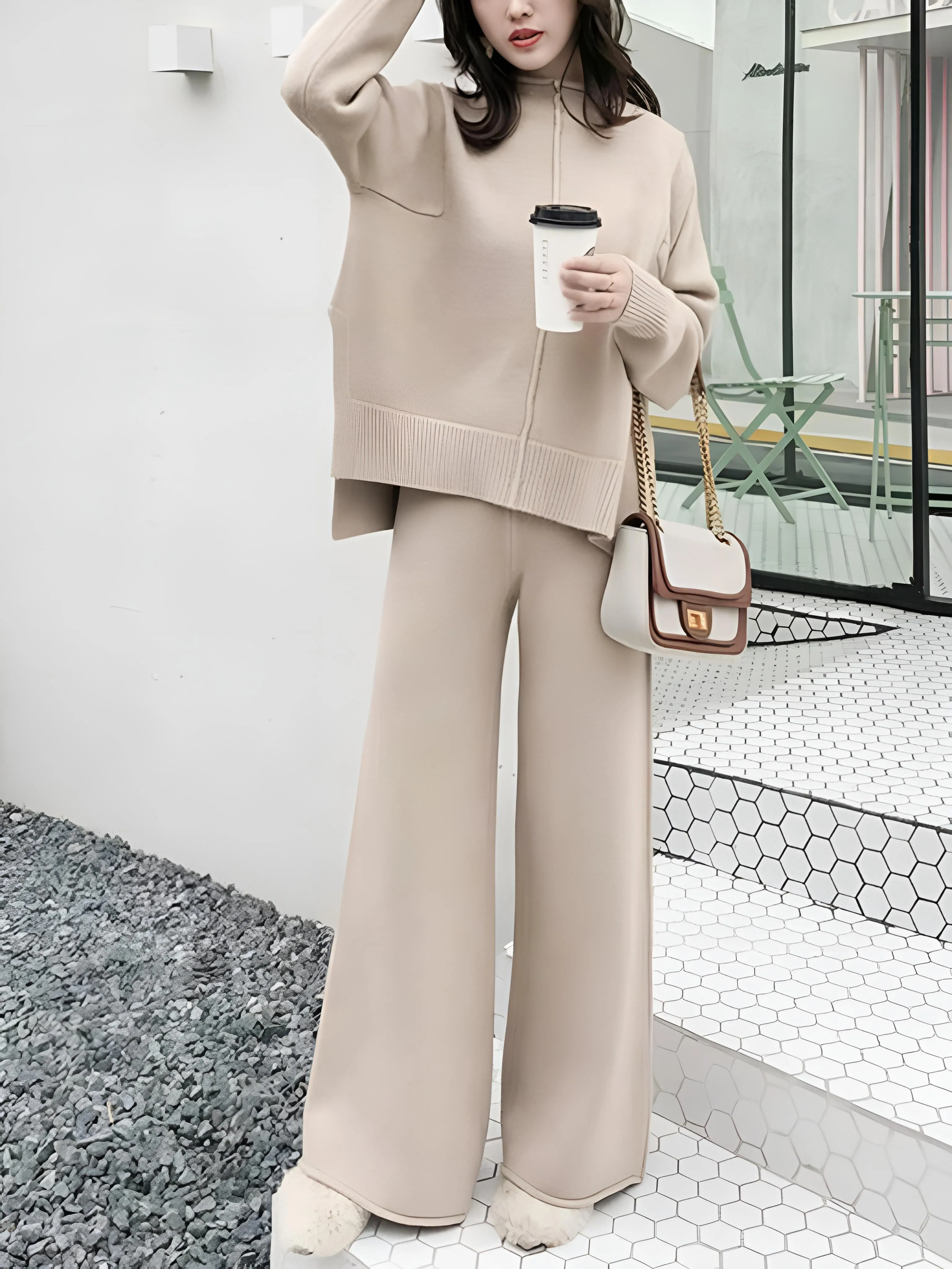 Side Slit Sweater & Knitted Wide-Leg Pant 2 Piece Lounge Set