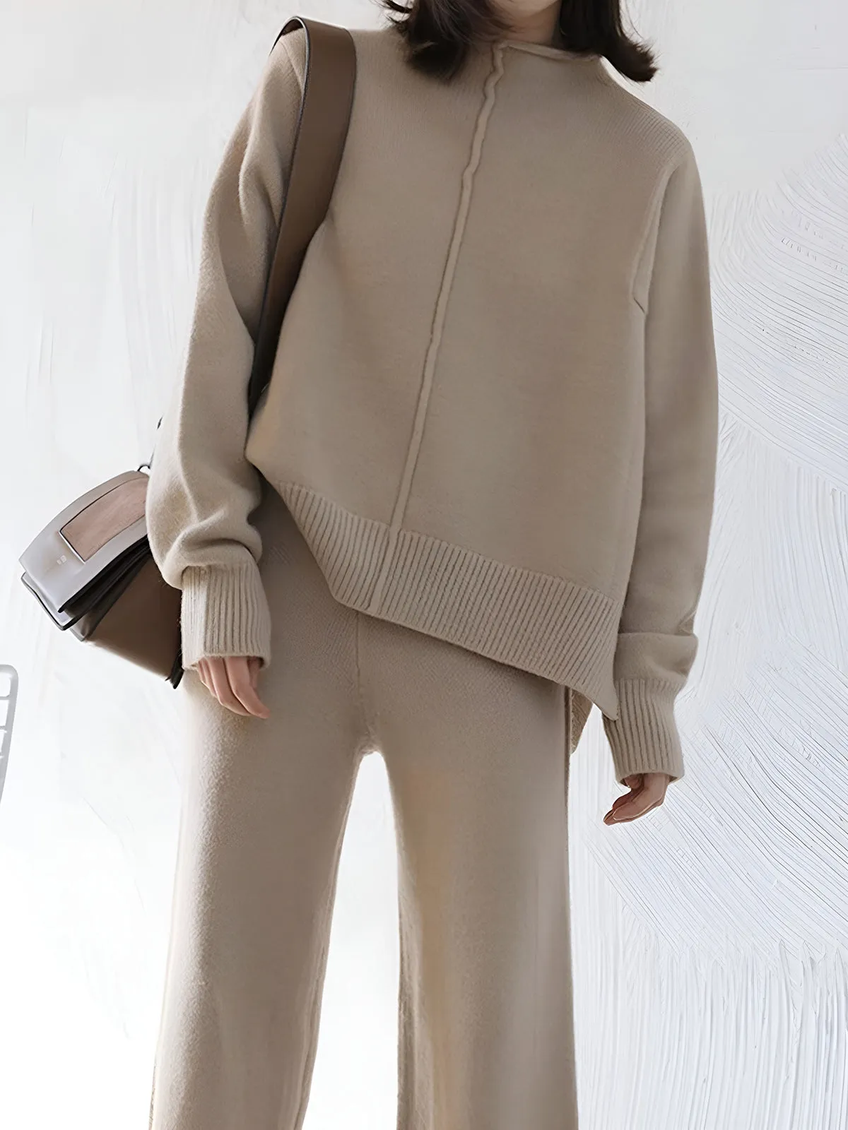 Side Slit Sweater & Knitted Wide-Leg Pant 2 Piece Lounge Set