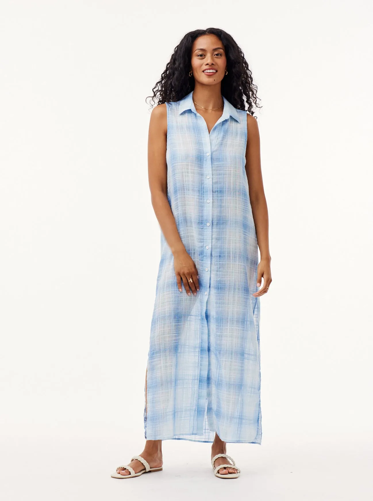 Sleeveless Duster Dress - Heather Blue Plaid