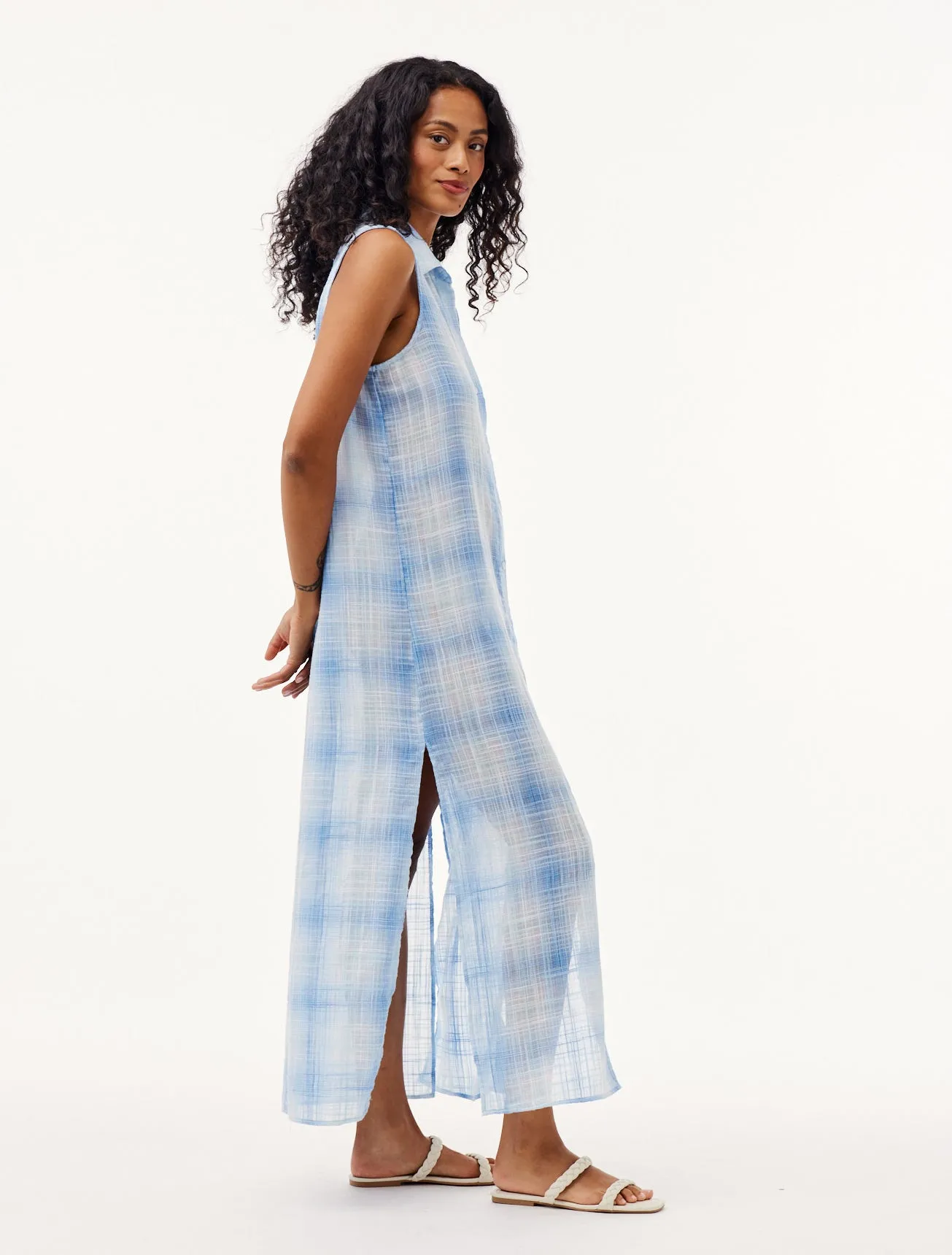 Sleeveless Duster Dress - Heather Blue Plaid