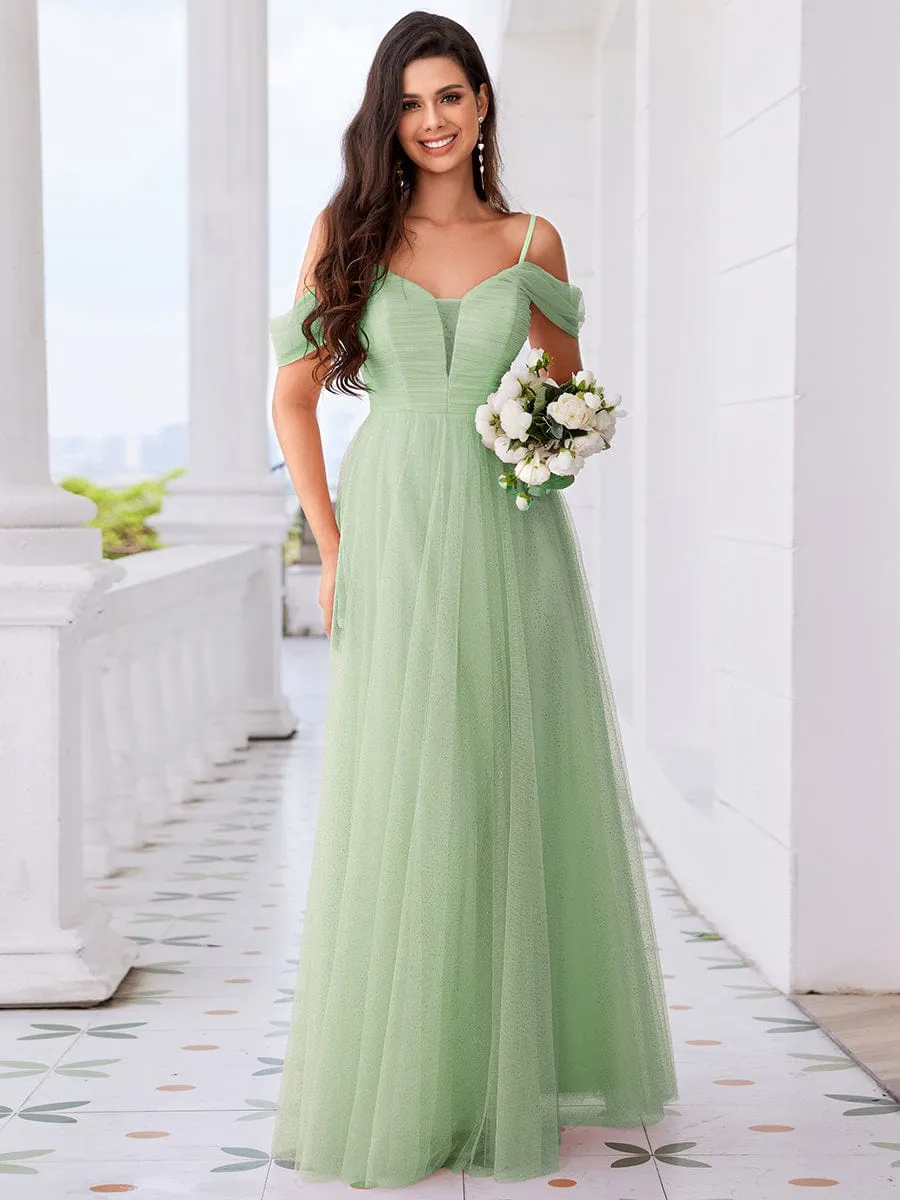 Spaghetti Strap Backless Sweetheart A-Line Tulle Bridesmaid Dress